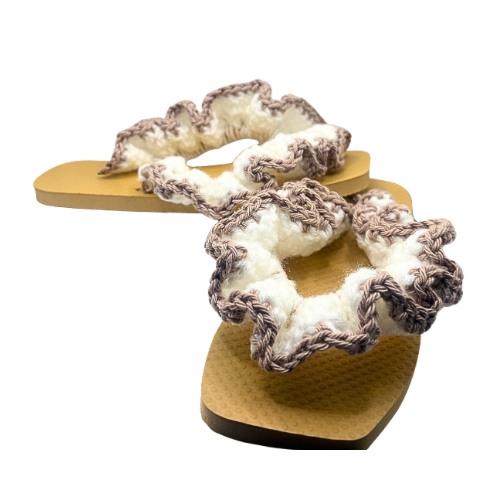 White and tan Ruffle Flip Flops