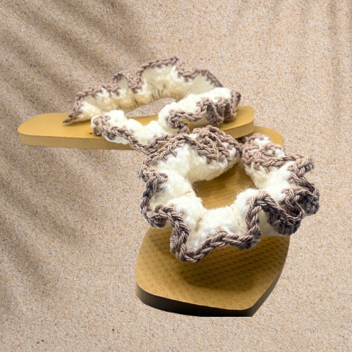 White and tan Ruffle Flip Flops