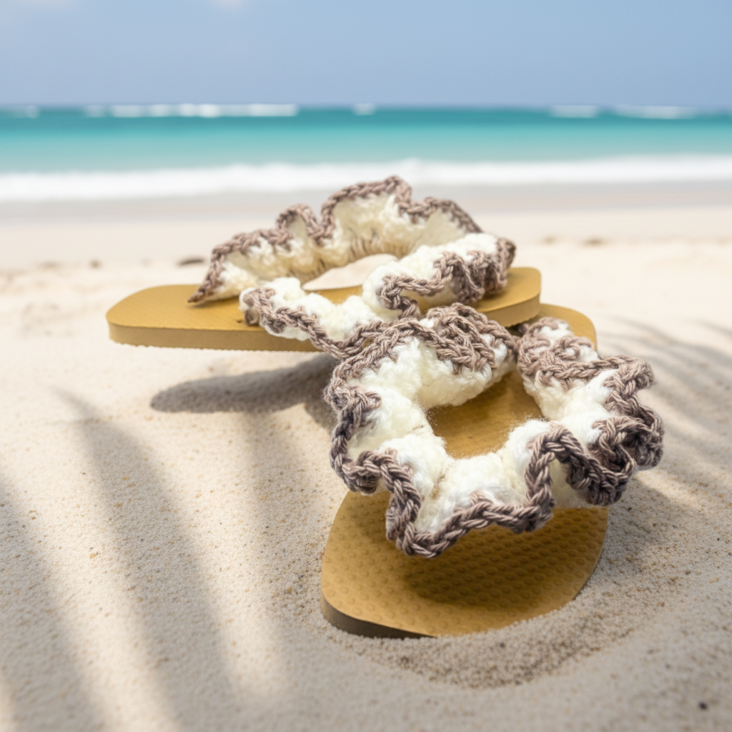 White and tan Ruffle Flip Flops
